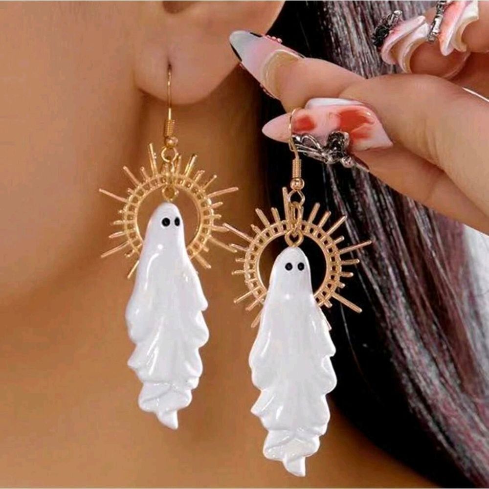 Opalescent Ghost Bohemian style Halloween Earrings with Gold Halo ￼